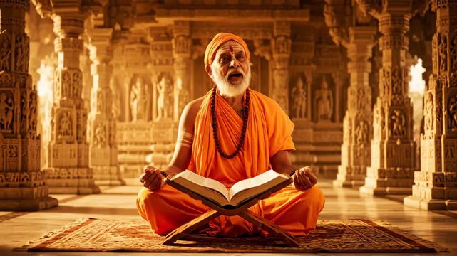 Serene Hindu Priest Reading Bhagavad Gita in Temple, Celebrating Geeta Jayanti Festival with Devotion and Spirituality
