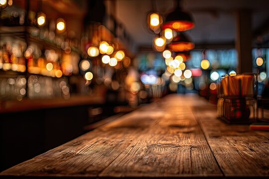 A dimly lit wooden bar with blurred background details of bottles, lights, and seating