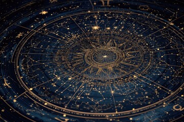 An intricate astrological chart glows with constellations, circles, and zodiac symbols against a dark background