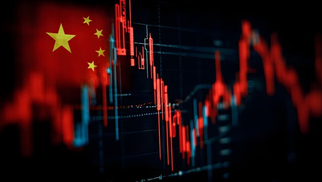 Chinese national flag blended with financial stock market chart showing downward trend and economic instability