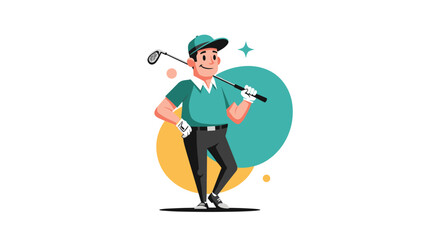 A happy golfer holding a golf club over his shoulder on a white background.
