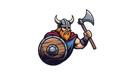 A fierce viking warrior with a horned helmet holding a battle axe and shield ready for combat.