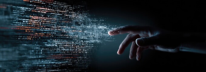A hand touches a glowing, pixelated data stream in a dark background, symbolizing technology