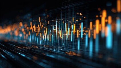 Abstract digital data representation with vibrant orange and blue lights on a dark background