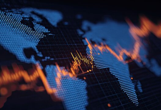 Abstract image of the world map overlaid with data visualization, charts and graphs, and orange lights