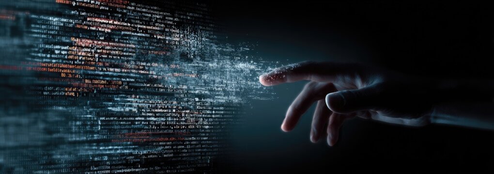 A hand touches a glowing, pixelated data stream in a dark background, symbolizing technology
