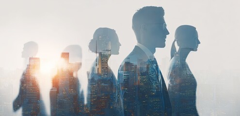 Silhouetted businesspeople overlaid with a cityscape, faces looking right. Light glows
