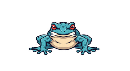 A pixel art illustration of an angry blue frog with red eyes sitting on a white background.