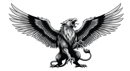 A majestic mythical creature with lion body and eagle wings and head on white background.
