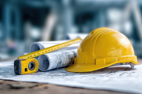 Construction tools on blueprints tape measure, yellow hard hat, and rolled plans
