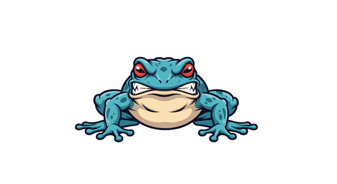 A pixel art illustration of an angry blue frog with red eyes sitting on a white background.