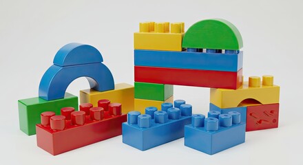 Colorful Plastic Building Blocks: Creative Stacking and Geometric Shapes on White Background