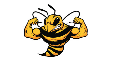 A muscular cartoon bee flexing its biceps with an aggressive expression.