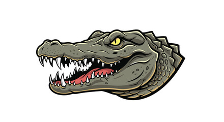Fototapeta premium A fearsome alligator head with sharp teeth and yellow eyes opens its mouth.
