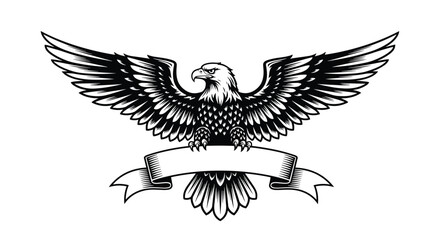 Fototapeta premium Majestic eagle with outstretched wings and a banner below for text.
