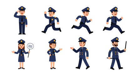 Collection of police officers in various poses and activities on a white background.