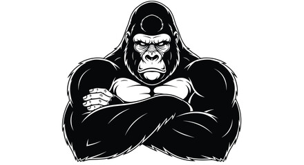 A powerful silverback gorilla flexing its muscles with arms crossed.