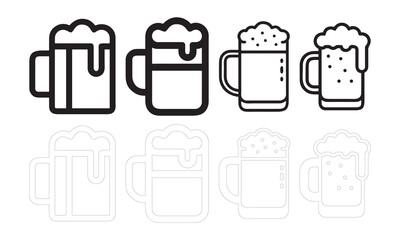  Set of Beer Glass Icons with Foam Outline Style