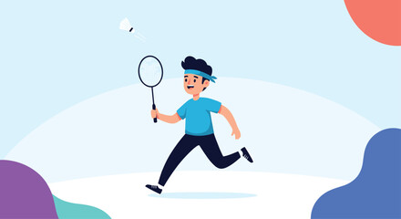 Young boy playing badminton in a park on a sunny day.