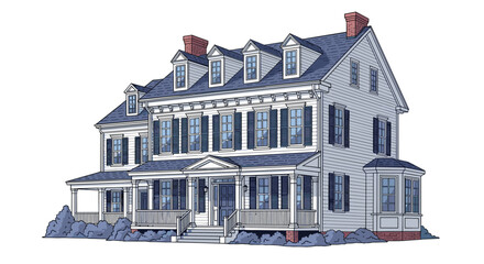 A grand old house with a wraparound porch and dormer windows.