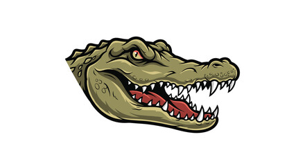 A detailed illustration of an alligator's head with an aggressive expression.