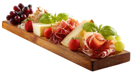 Wooden board with assorted cheeses, cured meats, grapes, and berries