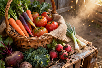A Basket Filled with Freshly Harvested Vegetables on a Wooden Crate Outdoors