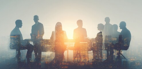 Group of people in silhouette meeting on a city view, with overlay of cityscape and sun