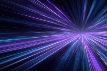 Dynamic, abstract artwork featuring vibrant blue and purple light trails radiating from a central point