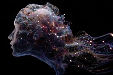 Profile silhouette of a head with flowing, colorful strands and sparks against black