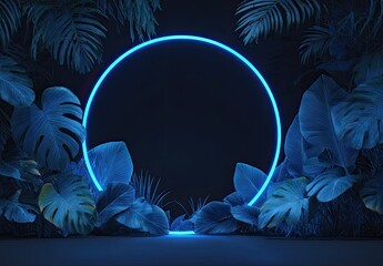 A glowing blue circle framed by dark jungle foliage, evoking depth and modern minimalism