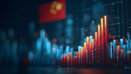 Abstract visualization of financial market growth and economic trends with glowing bars and a blurred national flag in the background representing global commerce