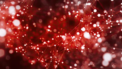 Abstract network of interconnected bright dots on a red background, bokeh effect