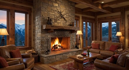 Cozy Rustic Living Room with Roaring Stone Fireplace, Warm Lamps, and Panoramic Snowy Mountain Views at Dusk