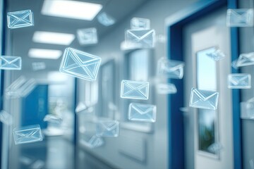 Hallway scene with transparent envelopes floating in a bright, blue-toned environment