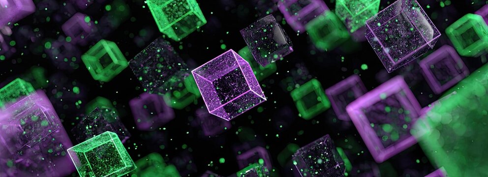 A vibrant abstract rendering featuring floating, glowing cubes in shades of purple and green against a black background - Powered by Adobe