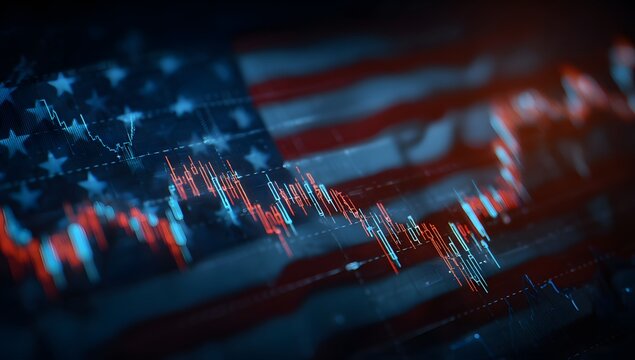 Abstract representation of financial market data overlaid on a blurred american flag symbolizing economic trends and national finance