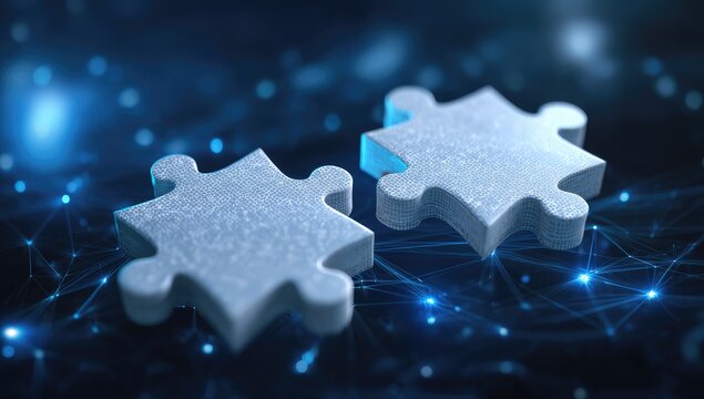 Two gray puzzle pieces slightly apart on a network backdrop with blue nodes - Powered by Adobe