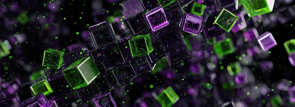Abstract design of floating, translucent cubes in green and purple hues against a dark background - Powered by Adobe