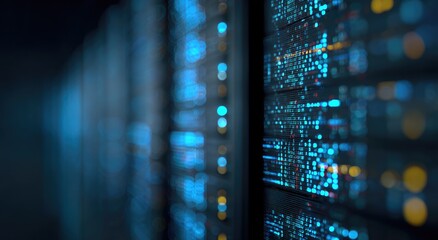 Rows of server racks glow with blue lights, showcasing advanced technology