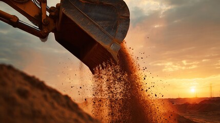 Powerful excavator bucket dumping earth against a dramatic sunset sky, symbolizing heavy industry and construction progress