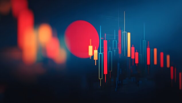 Abstract representation of a financial stock market trading chart with red and yellow candlestick patterns against a dark blue background with bokeh effects - Powered by Adobe