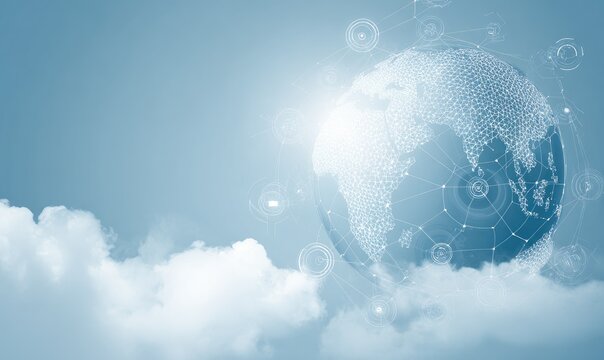 Conceptual image showing a stylized digital Earth globe with connection lines against a cloudy background - Powered by Adobe