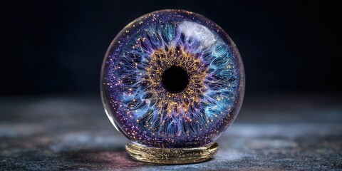 Spherical object with an eye-like design in blue, purple, and gold, resting on a golden base