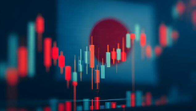 Abstract representation of financial market trading charts with a subtle japanese national flag overlay suggesting economic activity