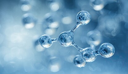Macro shot of a molecular structure against a blurred blue background, with crystal-like spheres