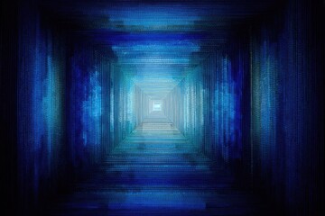 An abstract, luminous corridor tunnel, with a square opening in the distance, filled with blue light