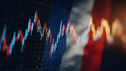 Abstract representation of financial market trends and economic fluctuations with a blurred national flag in the background suggesting global commerce and investment