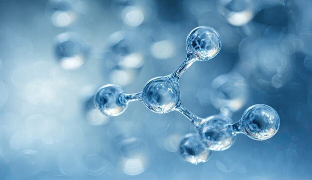 Macro shot of a molecular structure against a blurred blue background, with crystal-like spheres