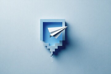 A paper airplane exits a pixelated, blue rectangular portal against a light blue backdrop